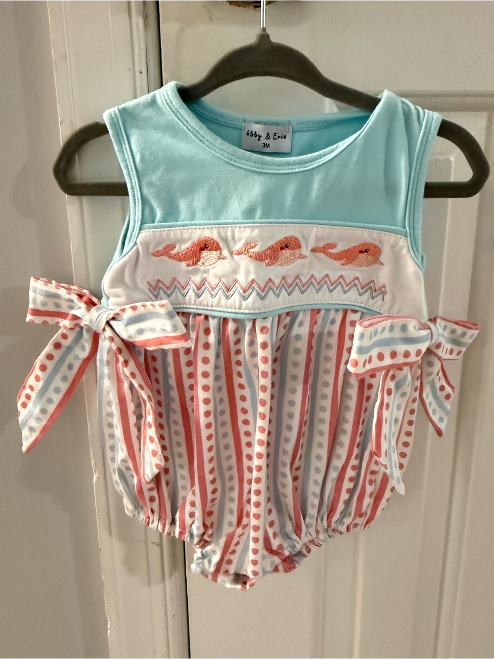 Abby & Evie Aqua and Coral Whale Baby One-Piece with Side Bows